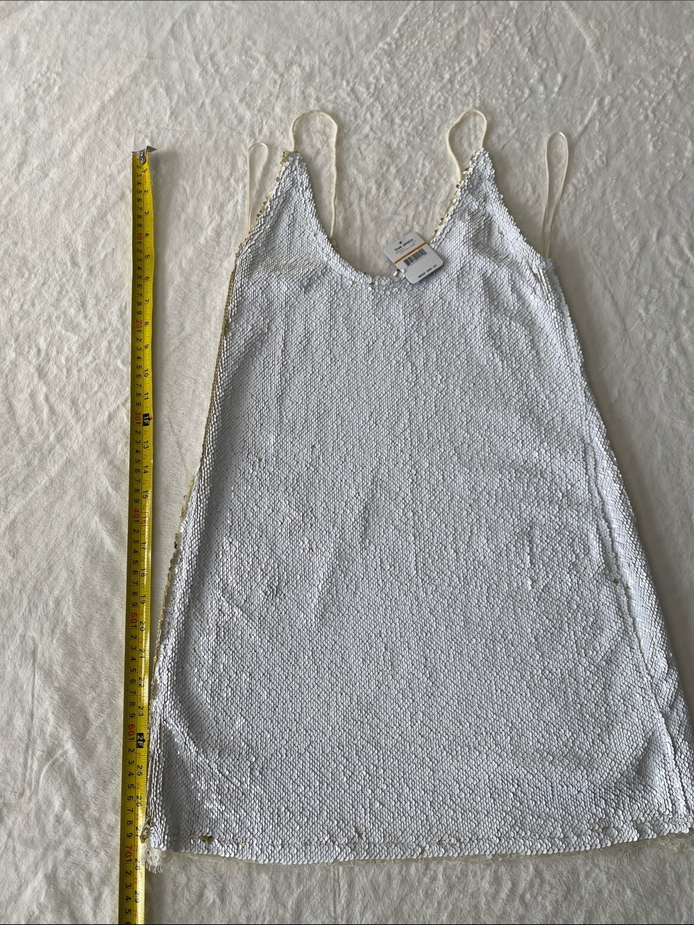 Slip Dress in White & gold shift sequins with lace trim